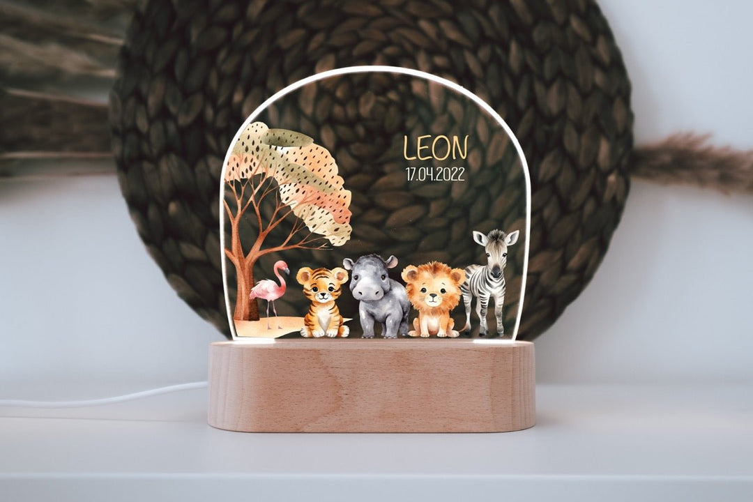 Nachtlicht für Kinder "Safari - Flamingo, Tiger, Nilpferd, Löwe, Zebra" farbig, personalisierbar - Jellies Design