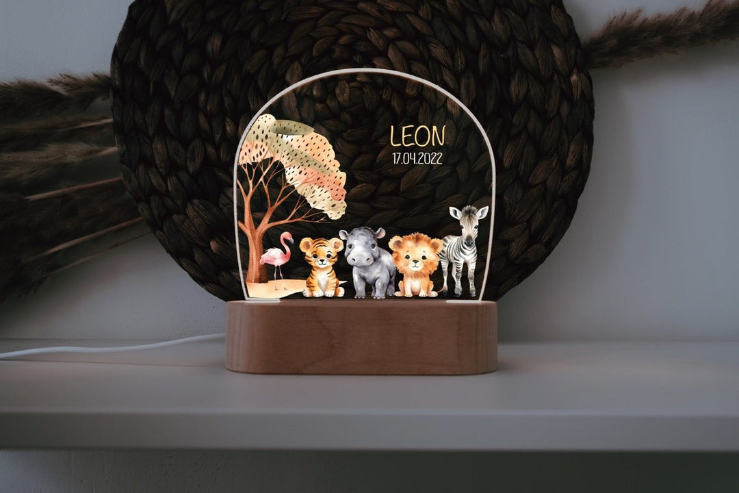 Nachtlicht für Kinder "Safari - Flamingo, Tiger, Nilpferd, Löwe, Zebra" farbig, personalisierbar - Jellies Design