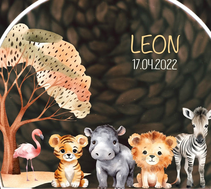 Nachtlicht für Kinder "Safari - Flamingo, Tiger, Nilpferd, Löwe, Zebra" farbig, personalisierbar - Jellies Design