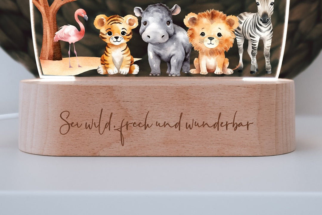 Nachtlicht für Kinder "Safari - Flamingo, Tiger, Nilpferd, Löwe, Zebra" farbig, personalisierbar - Jellies Design