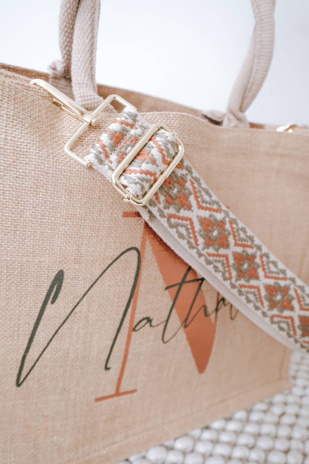Jutetasche mit besticktem Taschengurt "Ethno Design", personalisierbar - JelliesDesign - Jute Bag - Purse Straps