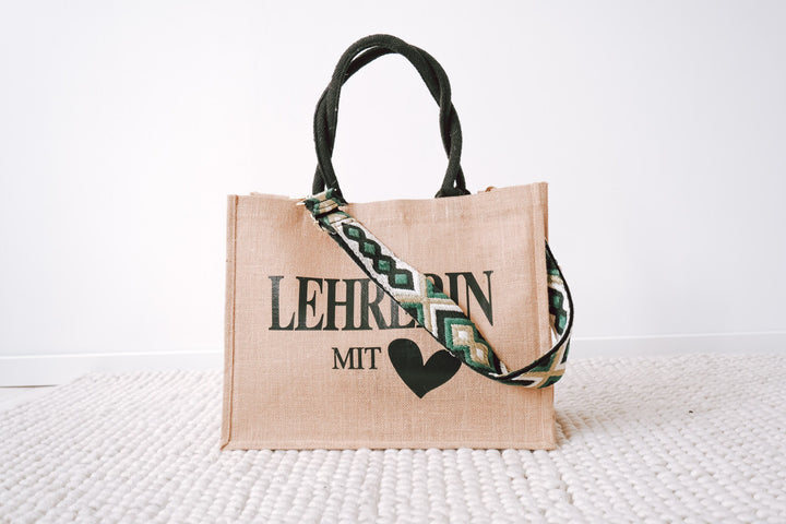 Jutetasche mit besticktem Taschengurt "Ethno Design", personalisierbar - JelliesDesign - Jute Bag - Totes