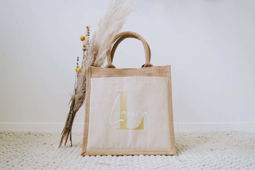 Jute Tasche mit Monogramm und Seitenfach - Jellies Design