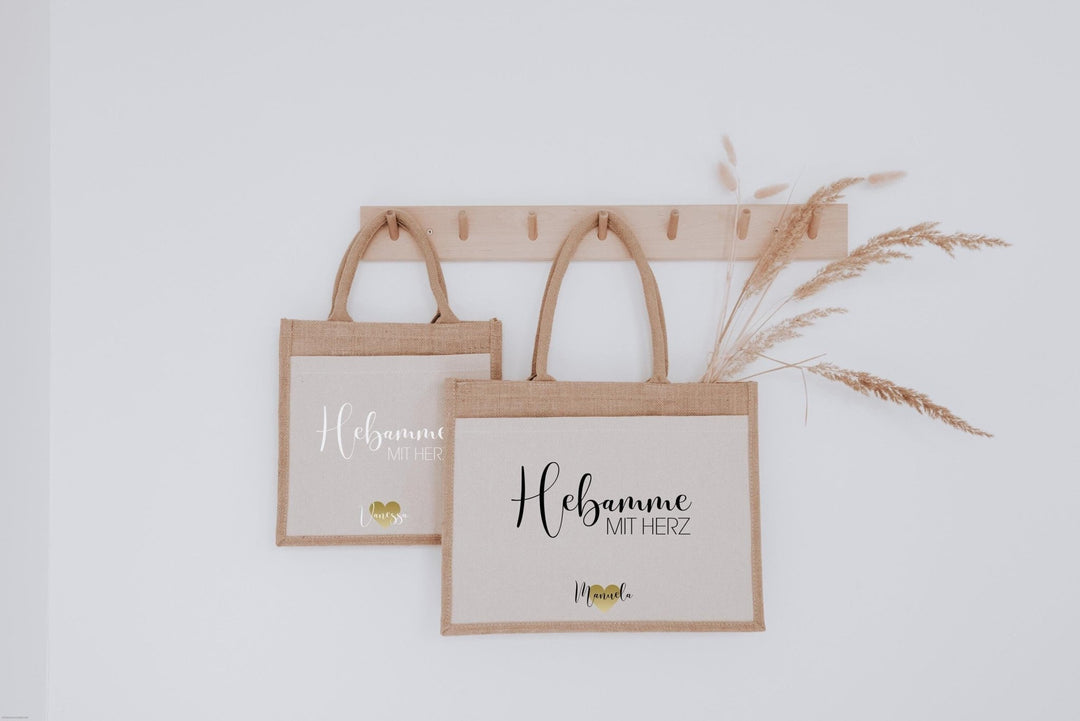 Personalisierte Jutetasche Hebamme mit Herz - Jellies Design