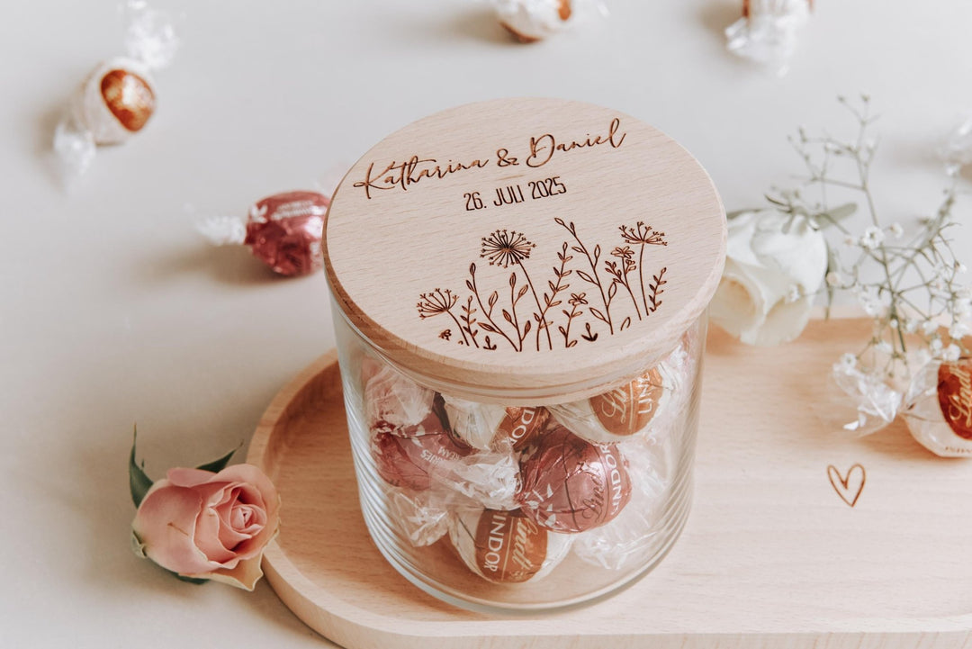 Hochzeitsglas "Wildblumen" das Geschenk zur Hochzeit, Verlobung oder Jahrestag, ein ganz individuelles Vorratsglas - Jellies Design