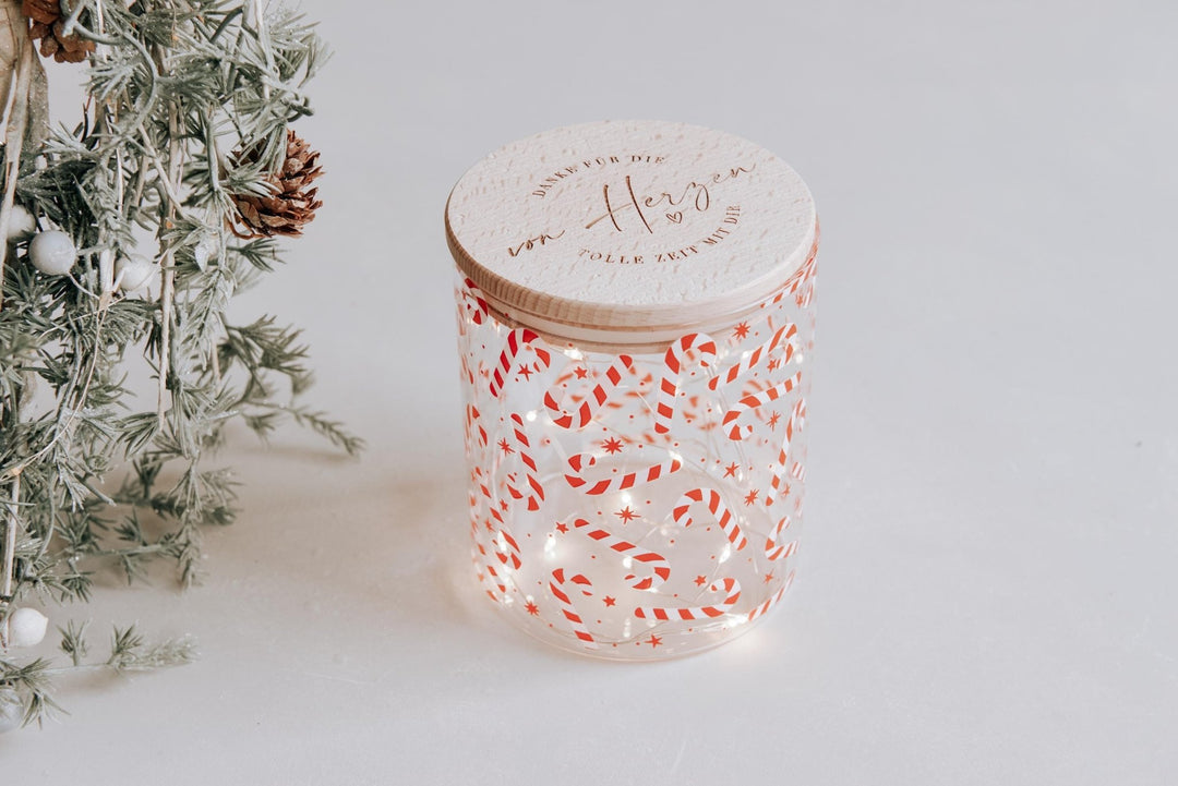 Vorratsglas mit Zuckerstangen und personalisiertem Deckel, die Geschenkidee für die Weihnachtszeit oder den Adventskalender - Jellies Design