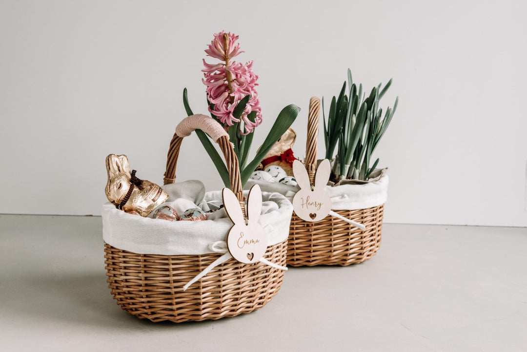 Osterkörbchen personalisiert aus Weide mit Anhänger – Osternest für Kinder, 26×25×20 cm, Baumwolleinsatz - Jellies Design