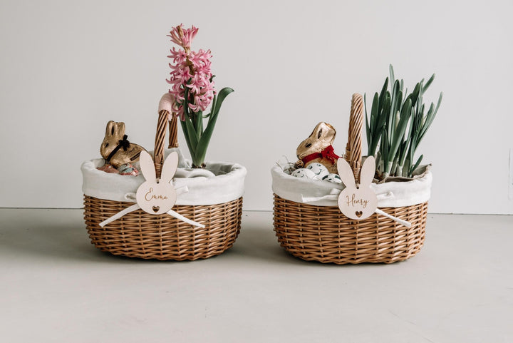 Osterkorb für Kinder mit personalisiertem Anhänger, aus Weide und Baumwolle mit 25 cm Höhe und Breite - Jellies Design