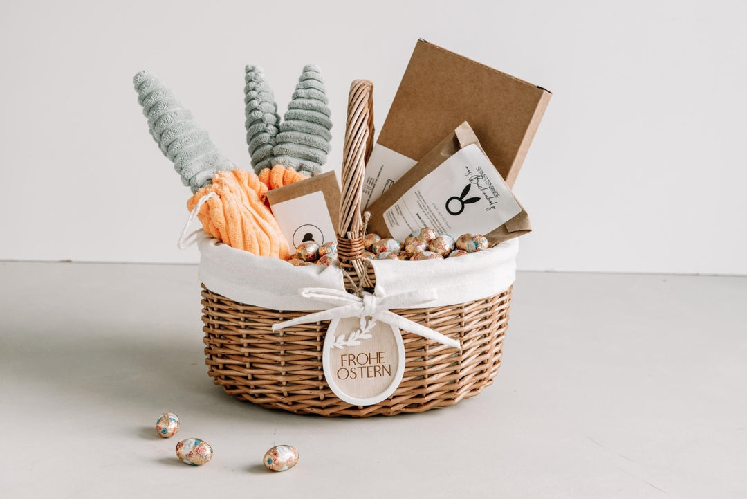 Osterkorb mit personalisiertem Anhänger, aus Weide und Baumwolle, Geschenkidee für Erzieherinnen, Freundin, Nachbarn oder Mitbringsel - Jellies Design