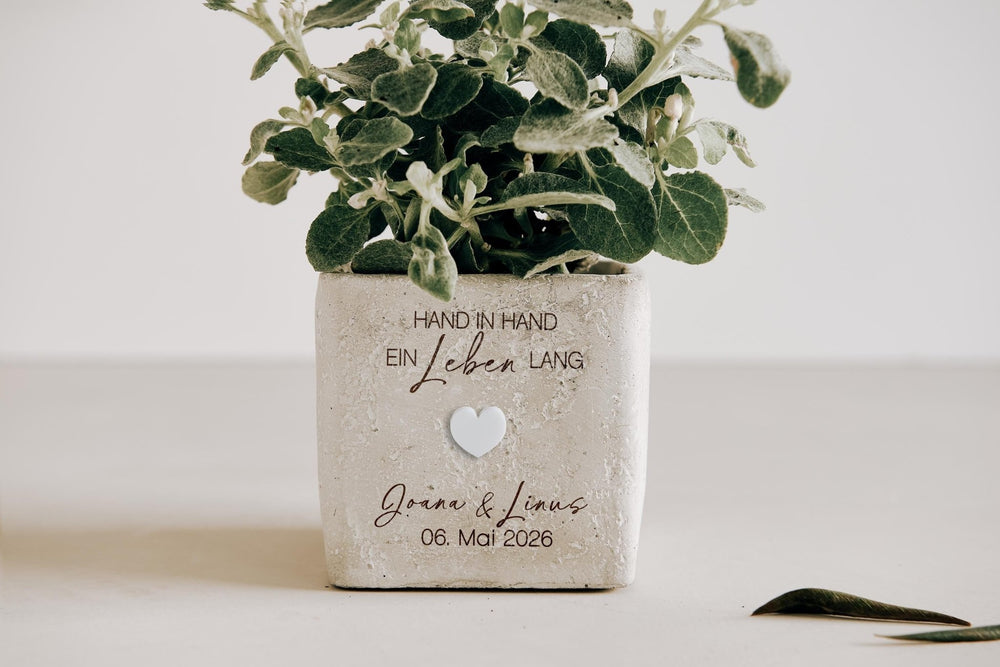 Hochzeitsgeschenk personalisiert - Hand in Hand - Blumentopf Beton mit Gravur, Namen & Datum - Geldgeschenk Hochzeit oder Verlobung - Jellies Design