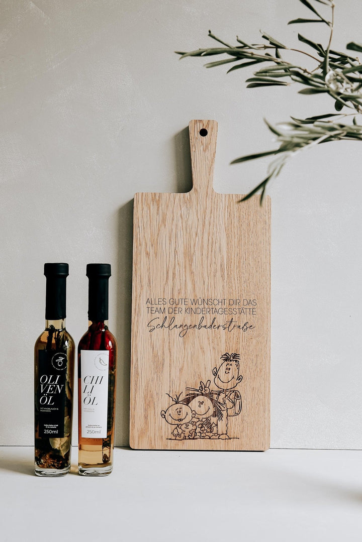 Schneidebrett Eiche personalisiert mit eigener Gravur – Abschiedsgeschenk für Lehrer, Erzieher - mit persönlicher Zeichnung der Kinder - Jellies Design