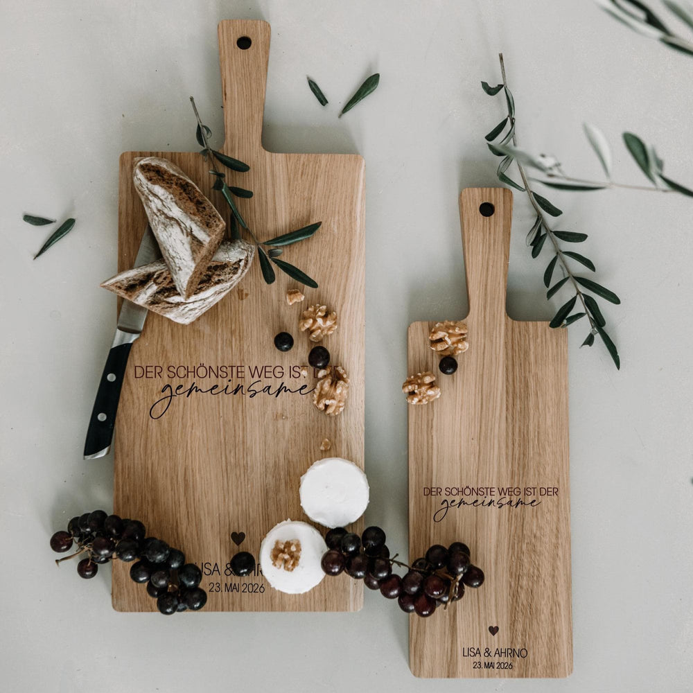 Schneidebrett Eiche personalisiert mit Gravur - gemeinsame Zeit – Geschenk zu Hochzeit, Jubiläum oder zum Einzug für Paare, in 2 Größen - Jellies Design