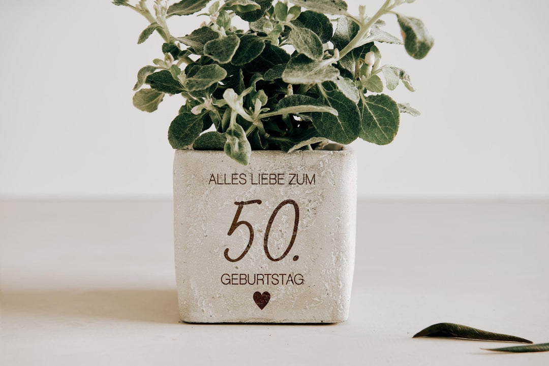 personalisiertes Geburtstagsgeschenk Blumentopf Beton mit eigener Wunschgravur - Jellies Design