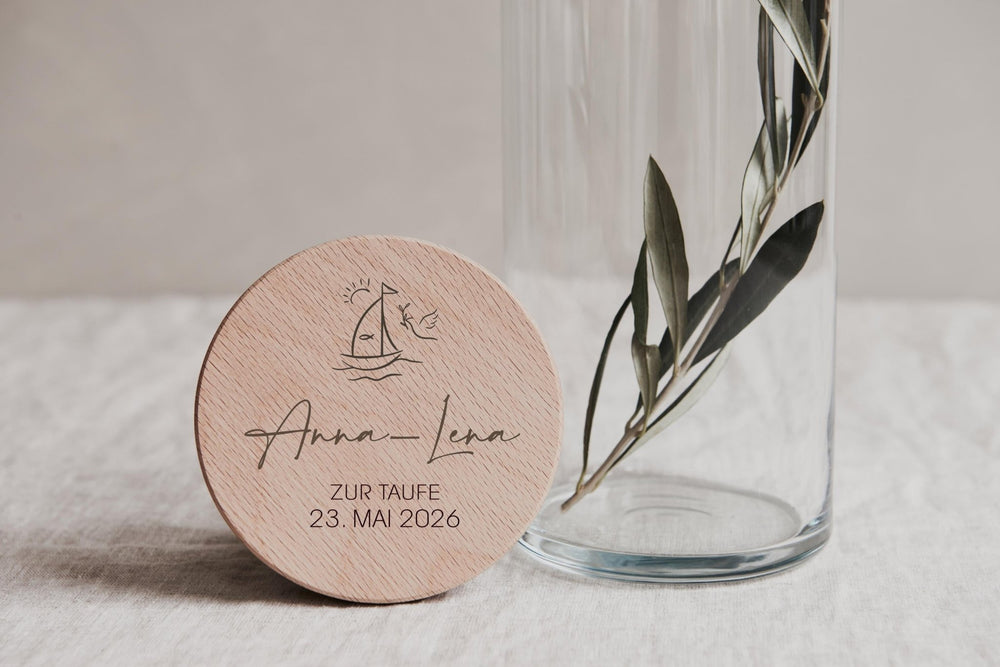 Kommunion Geschenk Glas mit graviertem Buchenholzdeckel, personalisiert - Konfirmation, Firmung oder Taufe - Geldgeschenk, 4 Größen - Jellies Design