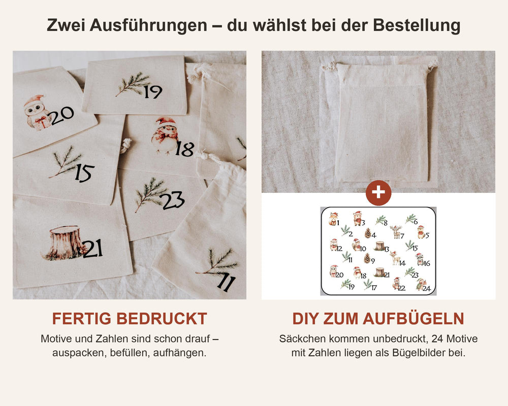 Adventskalender Säckchen zum Befüllen, 24 Baumwollbeutel mit Waldtier Motiven, fertig bedruckt oder DIY zum Aufbügeln - Jellies Design