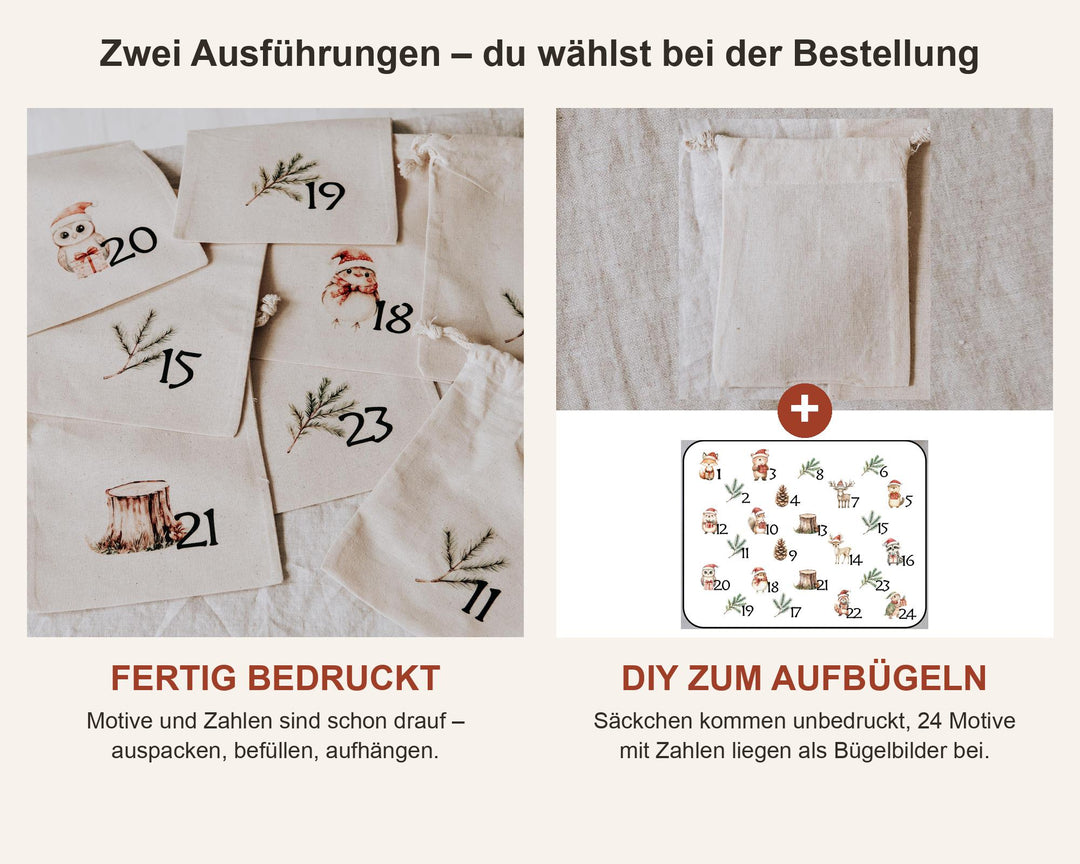 Adventskalender Säckchen zum Befüllen, 24 Baumwollbeutel mit Waldtier Motiven, fertig bedruckt oder DIY zum Aufbügeln - Jellies Design