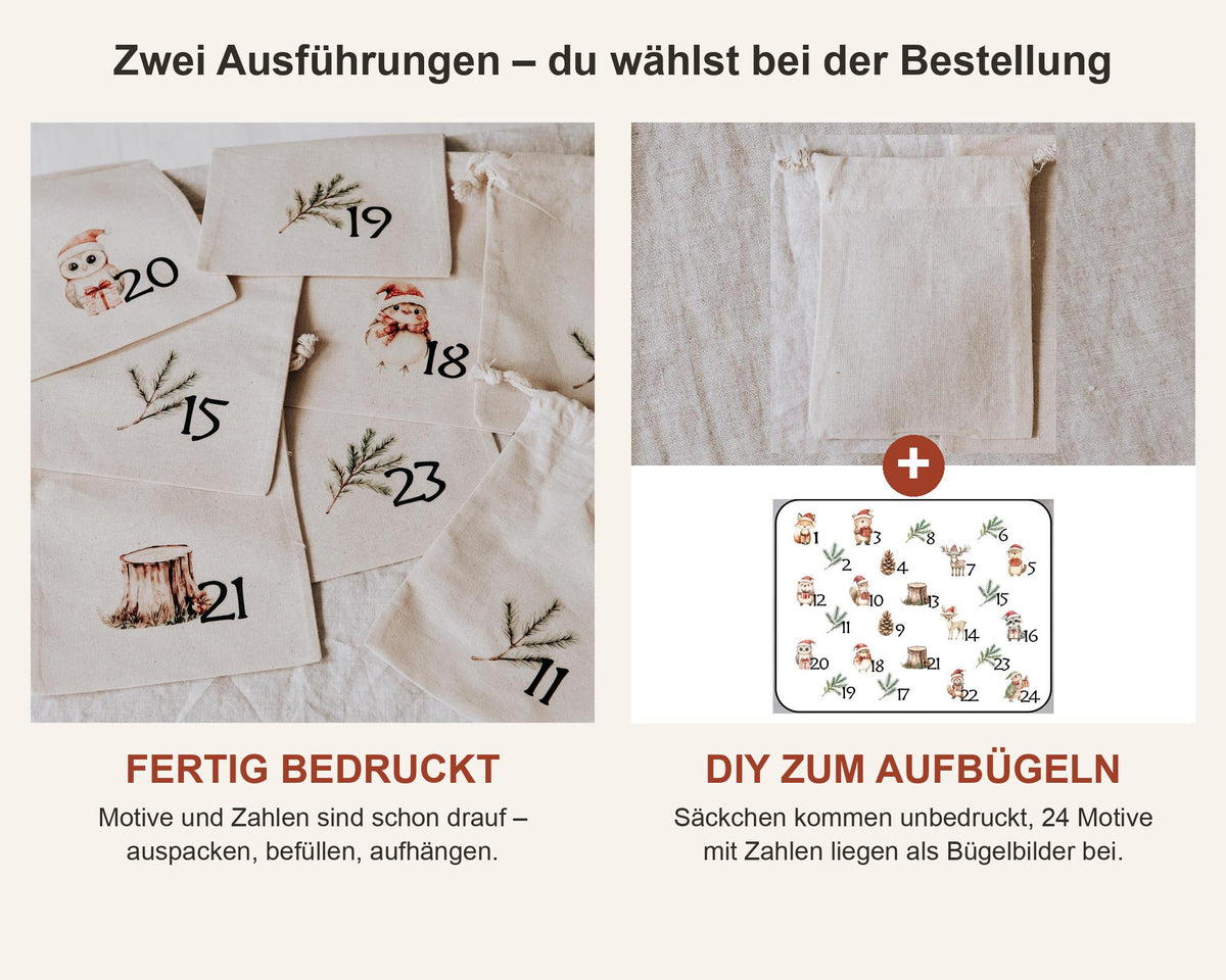 Adventskalender Säckchen zum Befüllen, 24 Baumwollbeutel mit Waldtier Motiven, fertig bedruckt oder DIY zum Aufbügeln - Jellies Design