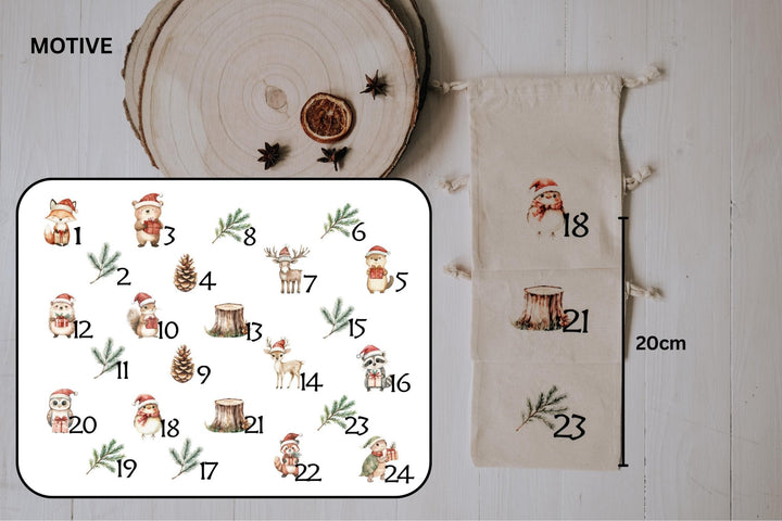 Adventskalender Säckchen zum Befüllen, 24 Baumwollbeutel mit Waldtier Motiven, fertig bedruckt oder DIY zum Aufbügeln - Jellies Design
