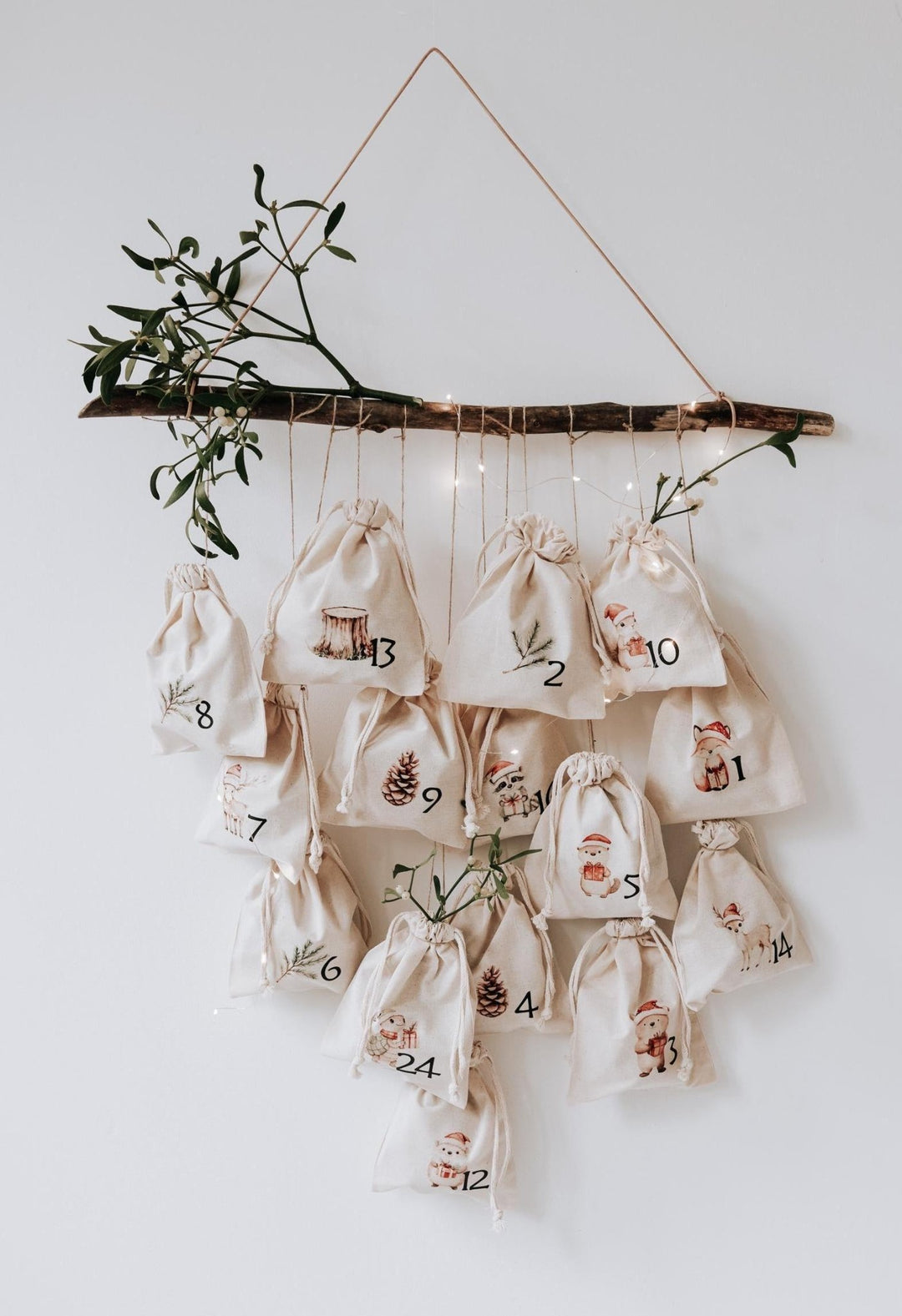 Adventskalender Säckchen zum Befüllen, 24 Baumwollbeutel mit Waldtier Motiven, fertig bedruckt oder DIY zum Aufbügeln - Jellies Design