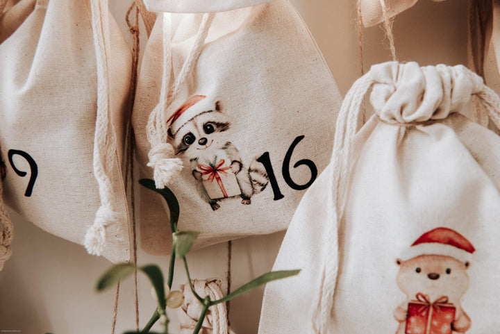 Adventskalender Säckchen zum Befüllen, 24 Baumwollbeutel mit Waldtier Motiven, fertig bedruckt oder DIY zum Aufbügeln - Jellies Design
