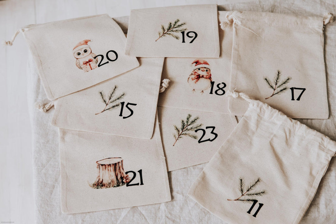 Adventskalender Säckchen zum Befüllen, 24 Baumwollbeutel mit Waldtier Motiven, fertig bedruckt oder DIY zum Aufbügeln - Jellies Design