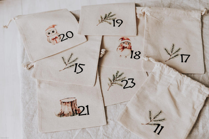 Adventskalender Säckchen zum Befüllen, 24 Baumwollbeutel mit Waldtier Motiven, fertig bedruckt oder DIY zum Aufbügeln - Jellies Design
