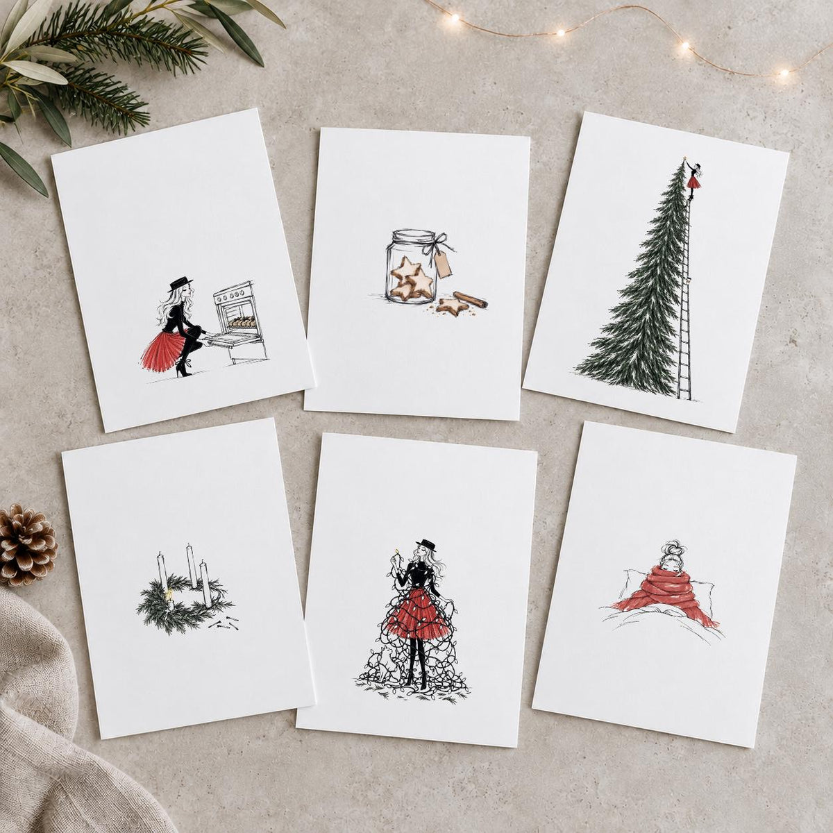 Weihnachtskarten Set 6 Stück lustig, handgezeichnete Illustrationen Weihnachtsstress – Postkarten A6 bunt & schwarz-weiß, Serie 2 - JelliesDesign - Christmas - Christmas Cards