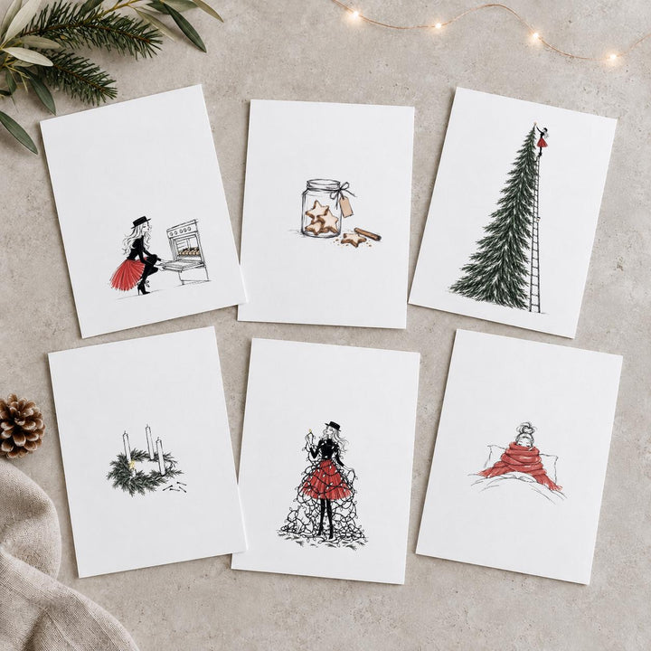 Weihnachtskarten Set 6 Stück lustig, handgezeichnete Illustrationen Weihnachtsstress – Postkarten A6 bunt &amp; schwarz-weiß, Serie 2 - JelliesDesign - Christmas - Christmas Cards