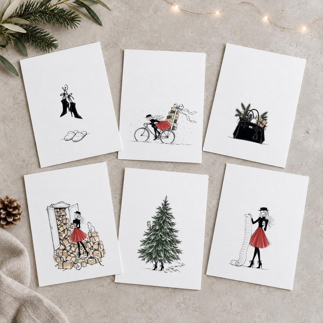 Weihnachtskarten Set 6 Stück lustig, handgezeichnete Illustrationen Weihnachtsstress – Postkarten A6 bunt &amp; schwarz-weiß, Serie 3 - JelliesDesign - Christmas - Christmas Cards