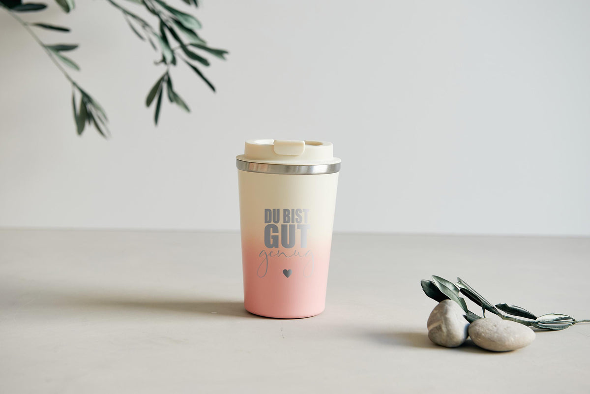 Thermobecher mit Gravur "Du bist gut genug", 350 ml Edelstahl - Beige Pastell-Verlauf in Grün, Blau oder Rosa - JelliesDesign - Cups - Travel Mugs