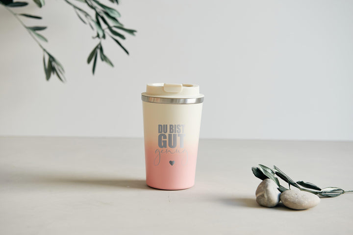Thermobecher mit Gravur "Du bist gut genug", 350 ml Edelstahl - Beige Pastell-Verlauf in Grün, Blau oder Rosa - JelliesDesign - Cups - Travel Mugs