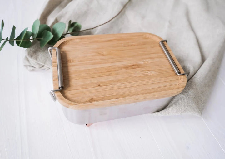 Lunchbox aus Edelstahl mit Holzdeckel "Waldtierfreunde" personalisierbar
