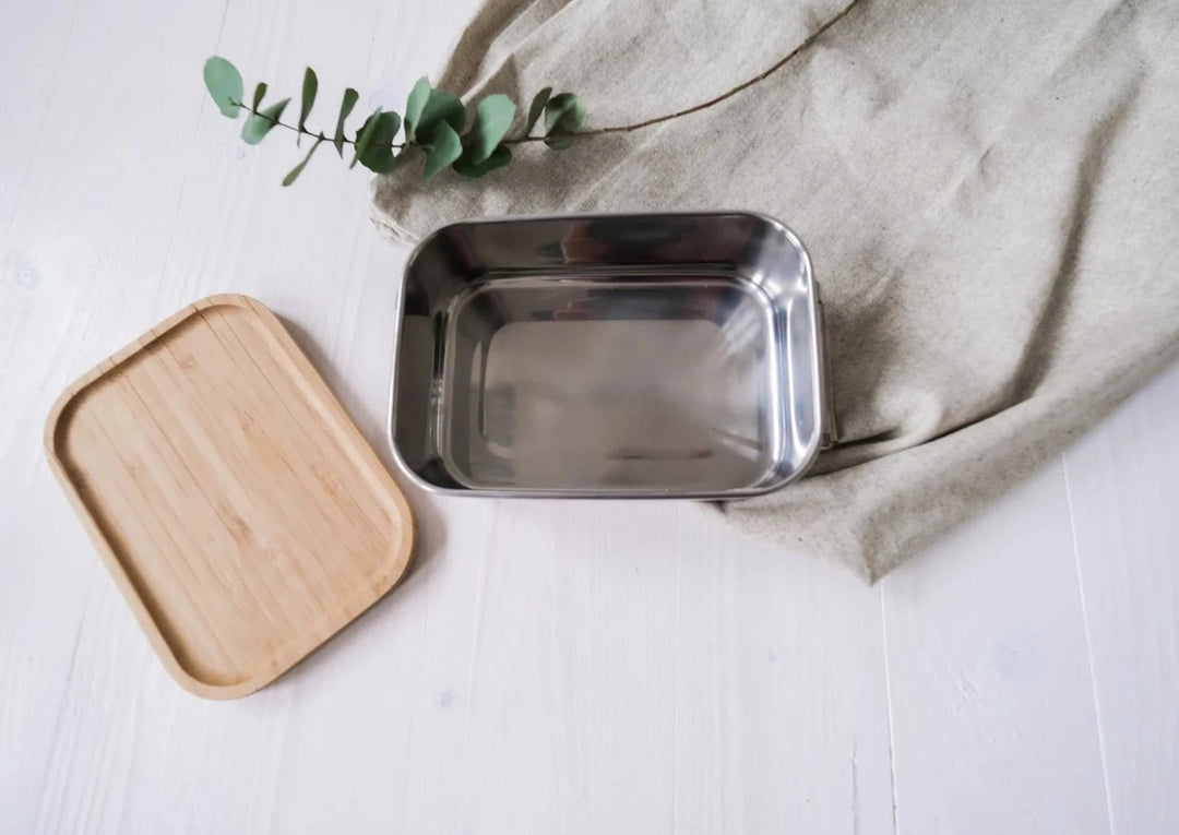 Lunchbox aus Edelstahl mit Holzdeckel "Krümelmonster" personalisierbar