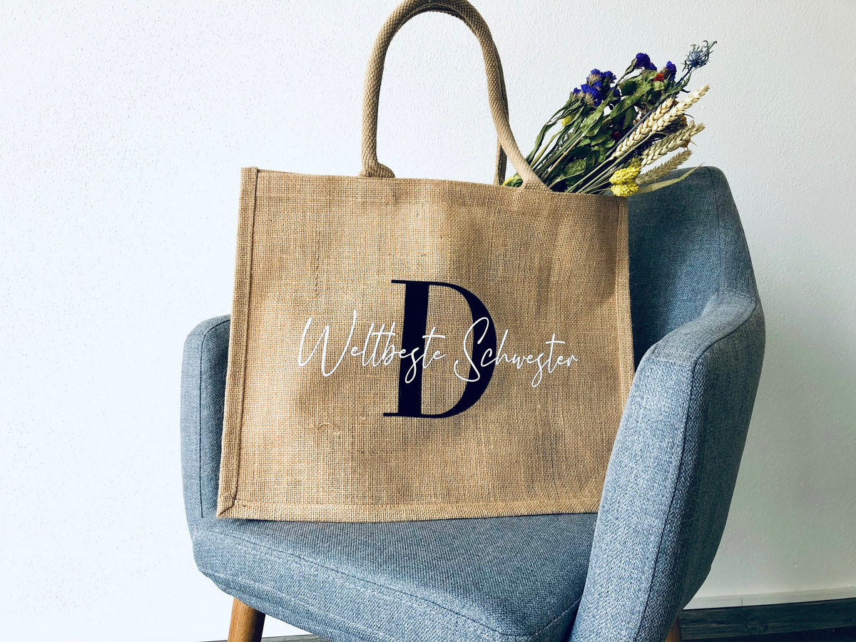Jutetasche in natur mit Monogramm, personalisierbar - JelliesDesign - Jute Bag - Totes