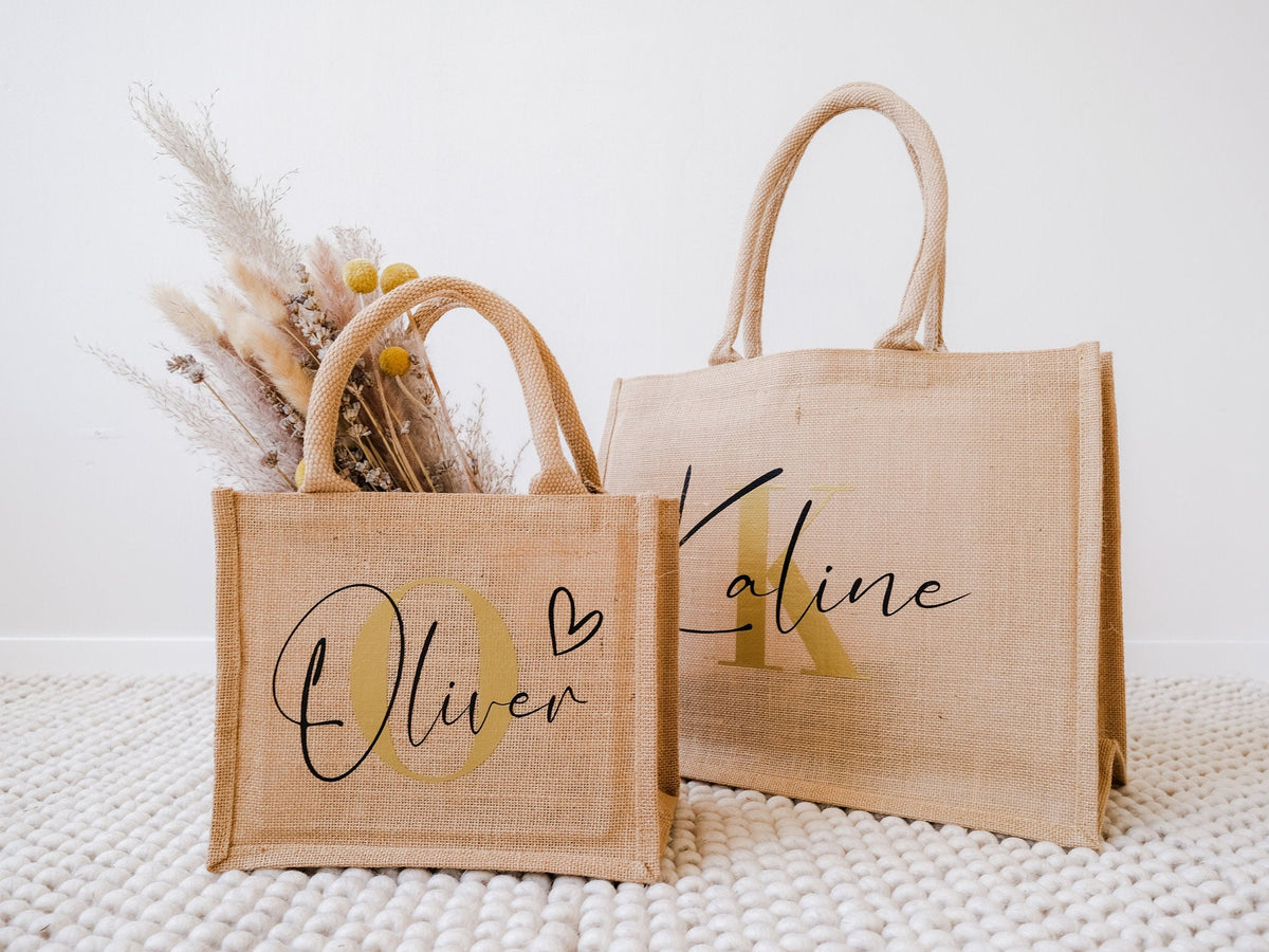 Jutetasche in natur mit Monogramm, personalisierbar - JelliesDesign - Jute Bag - Totes