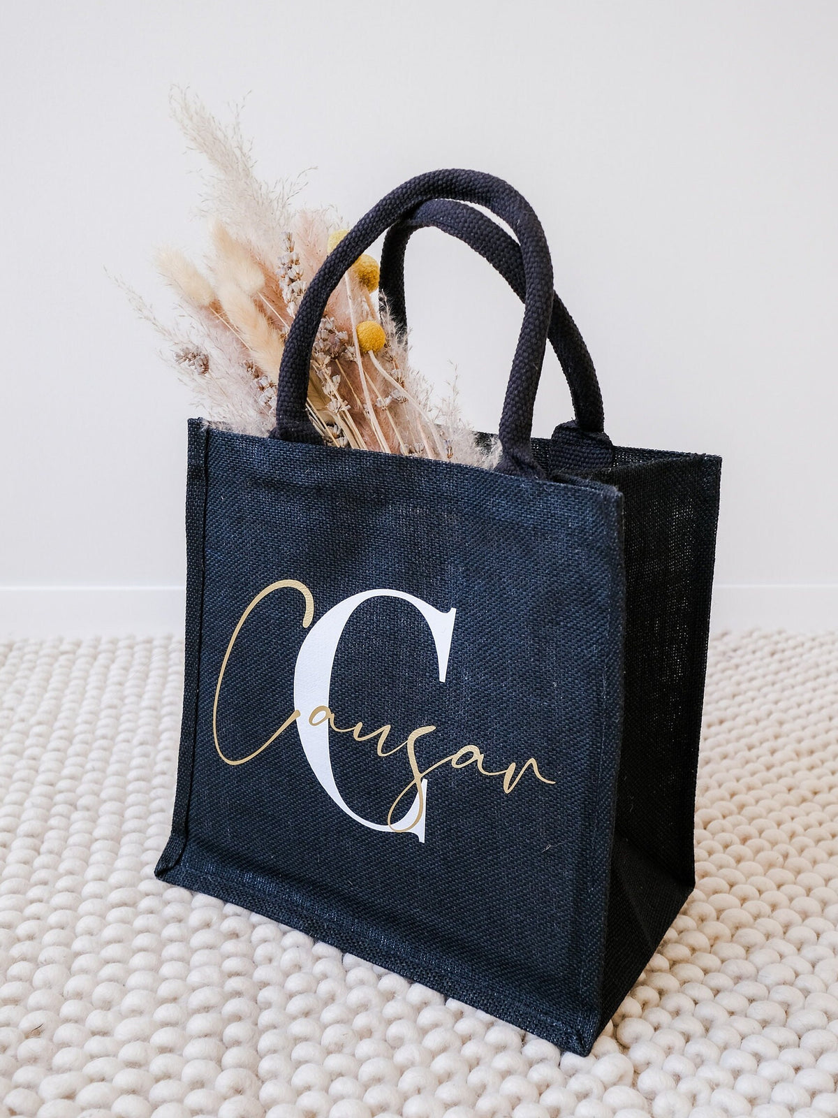 Jutetasche in schwarz personalisierbar, mit Monogramm - JelliesDesign - Jute Bag - Totes