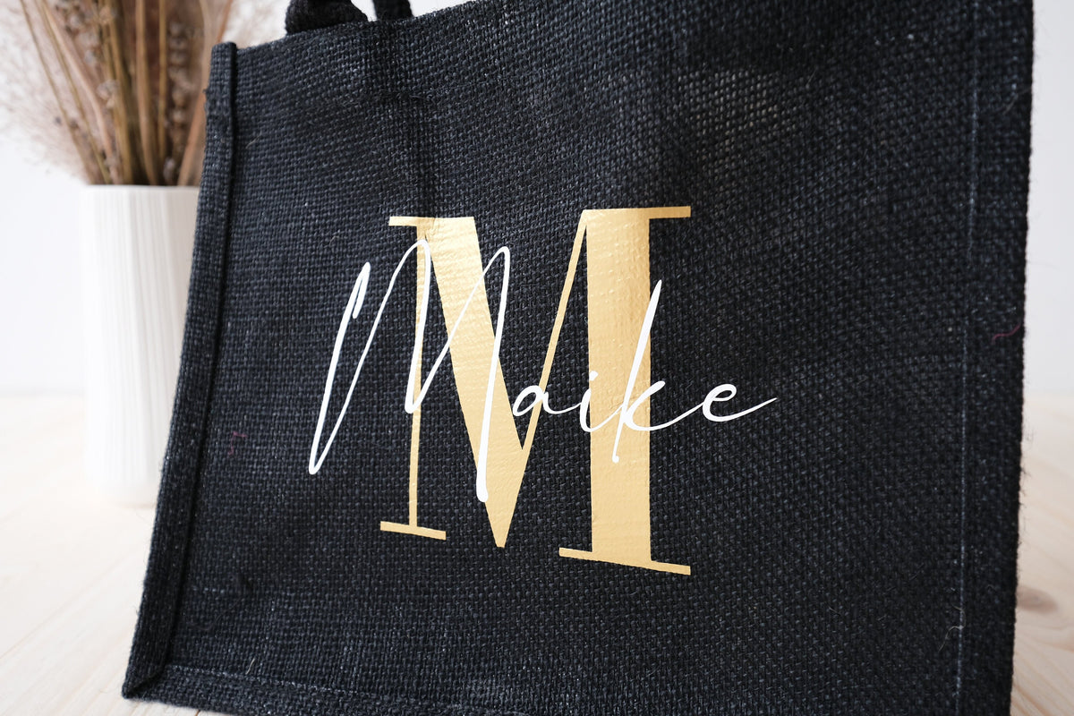 Jutetasche in schwarz personalisierbar, mit Monogramm - JelliesDesign - Jute Bag - Totes