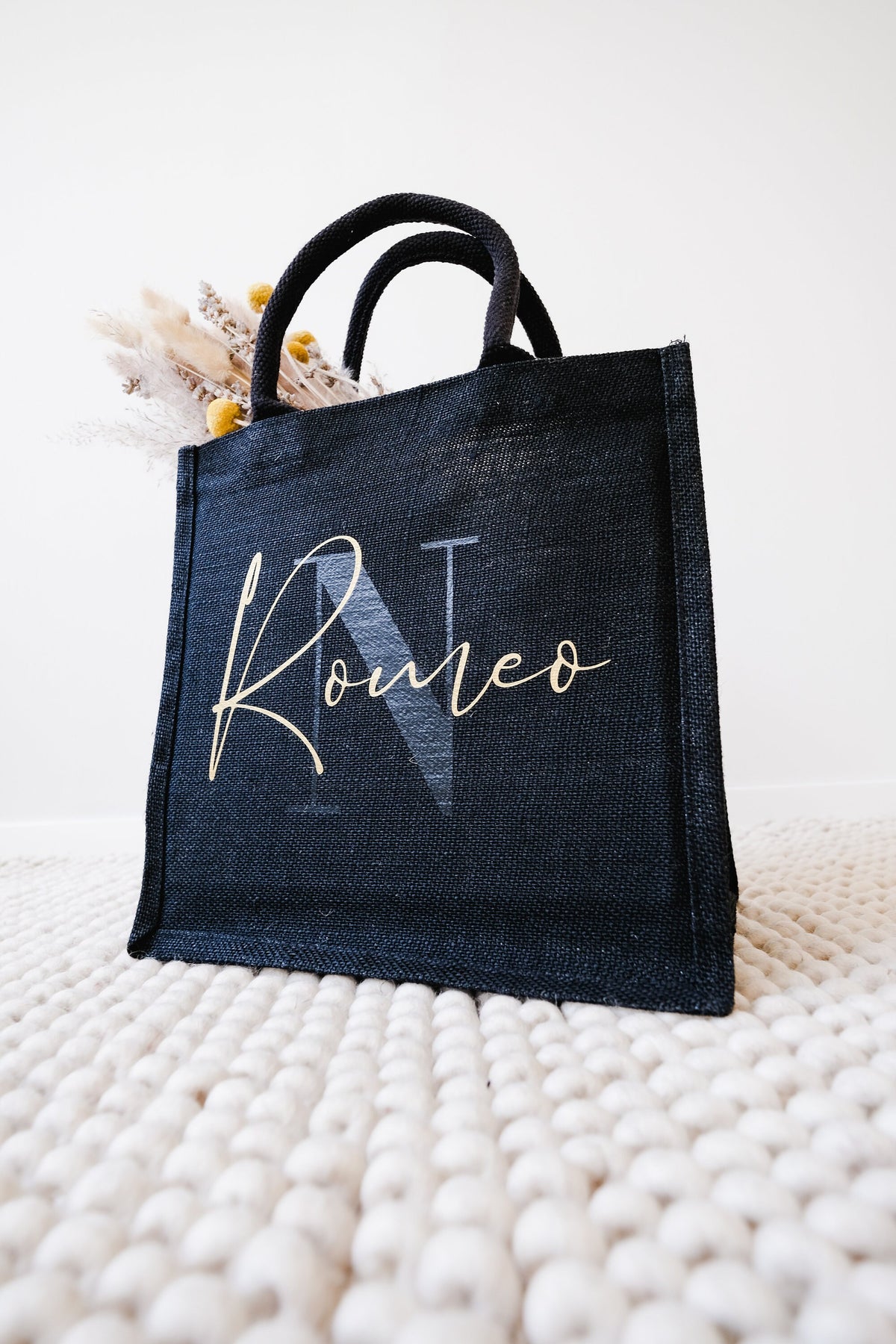 Jutetasche in schwarz personalisierbar, mit Monogramm - JelliesDesign - Jute Bag - Totes