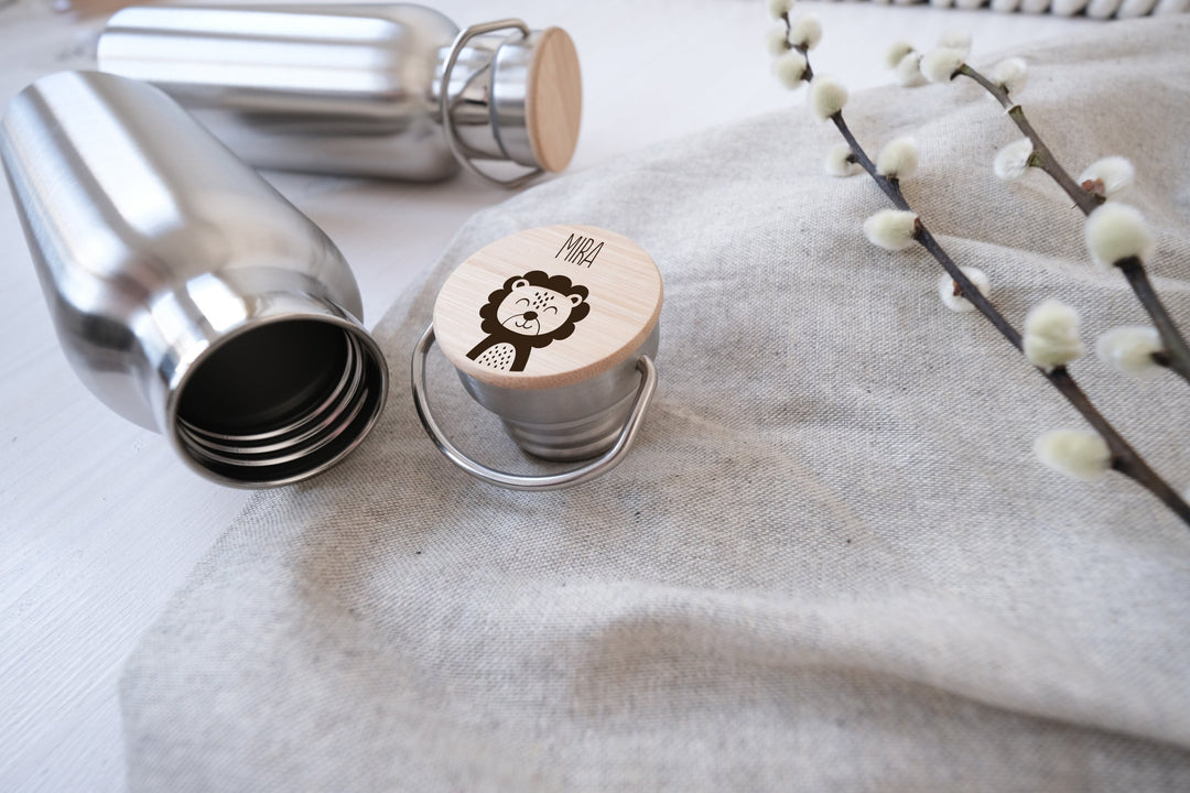 Edelstahl Trinkflasche mit Holzdeckel personalisierbar - JelliesDesign - Wood - Water Bottles