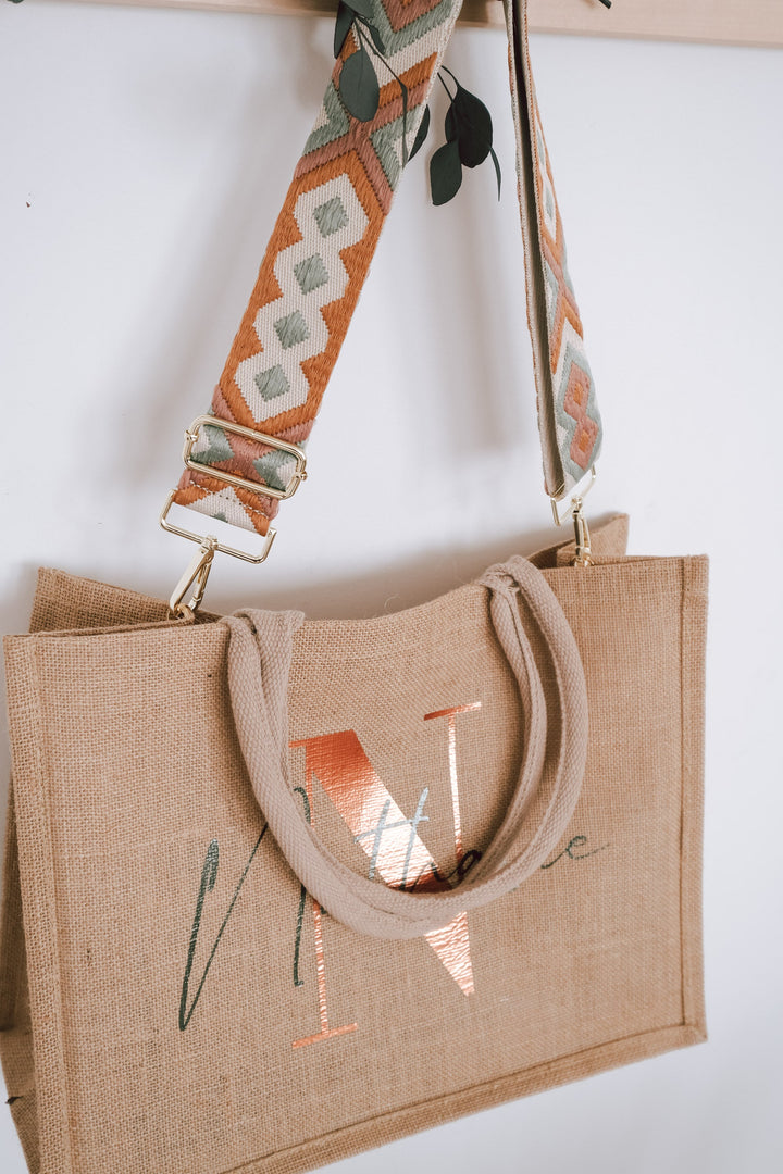 Jutetasche mit besticktem Taschengurt "Ethno Design", personalisierbar - JelliesDesign - Jute Bag - Purse Straps