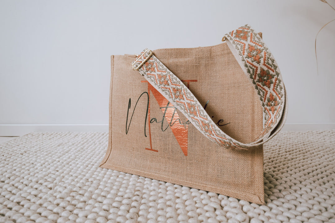 Jutetasche mit besticktem Taschengurt "Ethno Design", personalisierbar - JelliesDesign - Jute Bag - Purse Straps