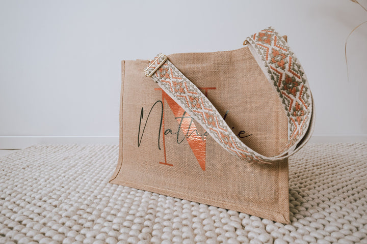 Jutetasche mit besticktem Taschengurt "Ethno Design", personalisierbar - JelliesDesign - Jute Bag - Purse Straps