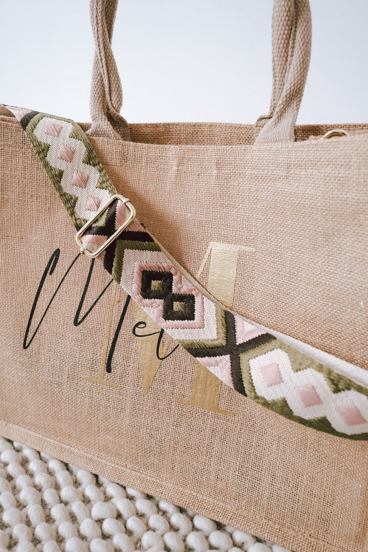 Personalisierte Jutetasche mit buntem Wechselriemen im Ethnologischen Design - JelliesDesign - Jute Bag - Purse Straps