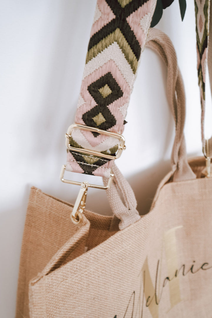 Personalisierte Jutetasche mit buntem Wechselriemen im Ethnologischen Design - JelliesDesign - Jute Bag - Purse Straps