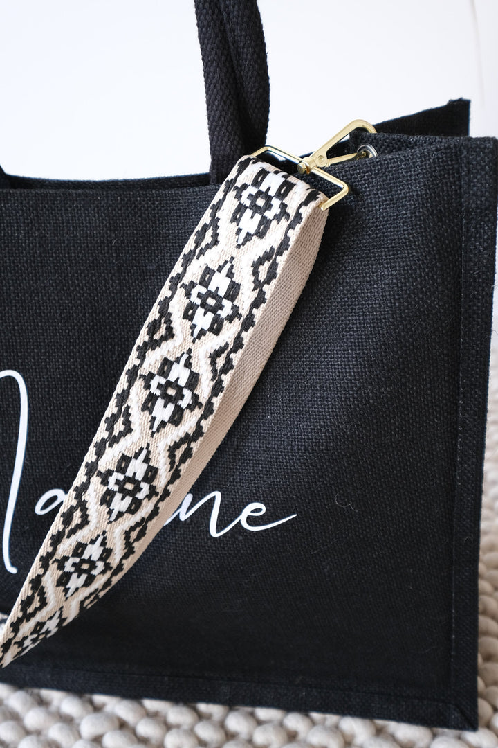 Jutetasche schwarz mit bunt bestickten Taschengurten, personalisierbar - JelliesDesign - Jute Bag - Totes