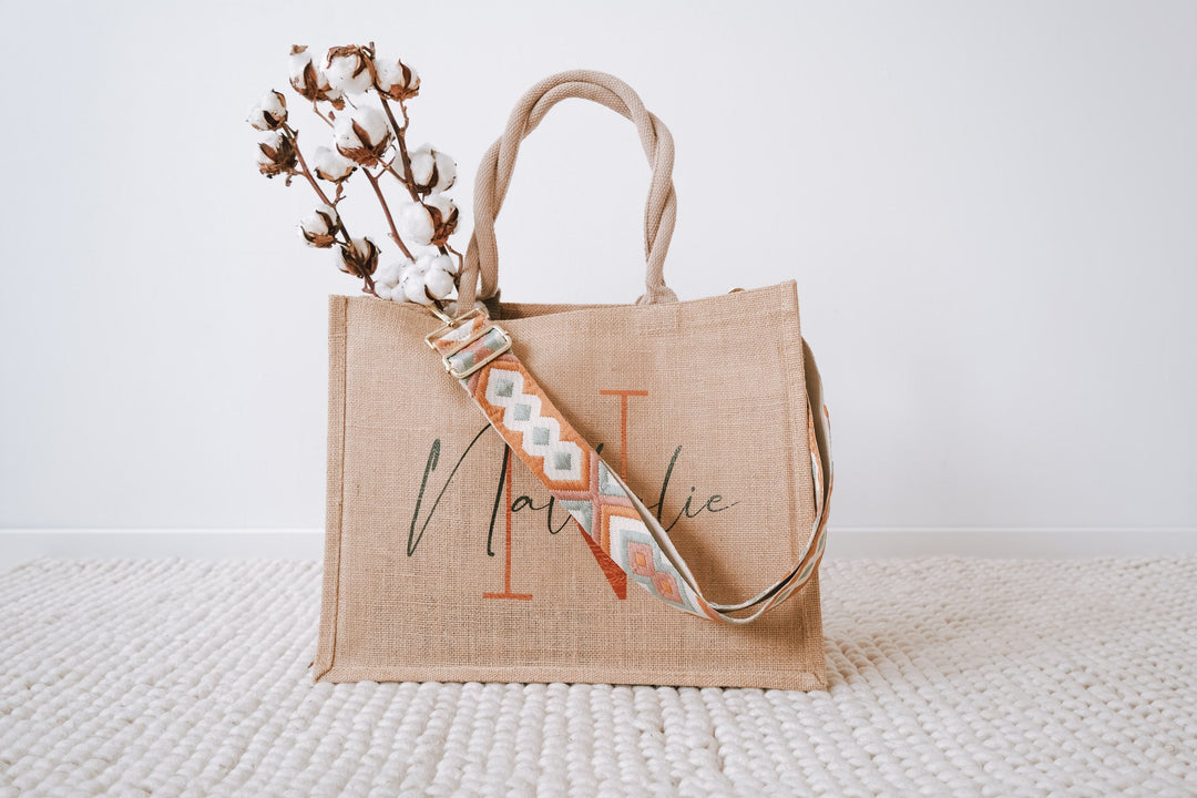 Jutetasche mit besticktem Taschengurt "Ethno Design", personalisierbar - JelliesDesign - Jute Bag - Purse Straps
