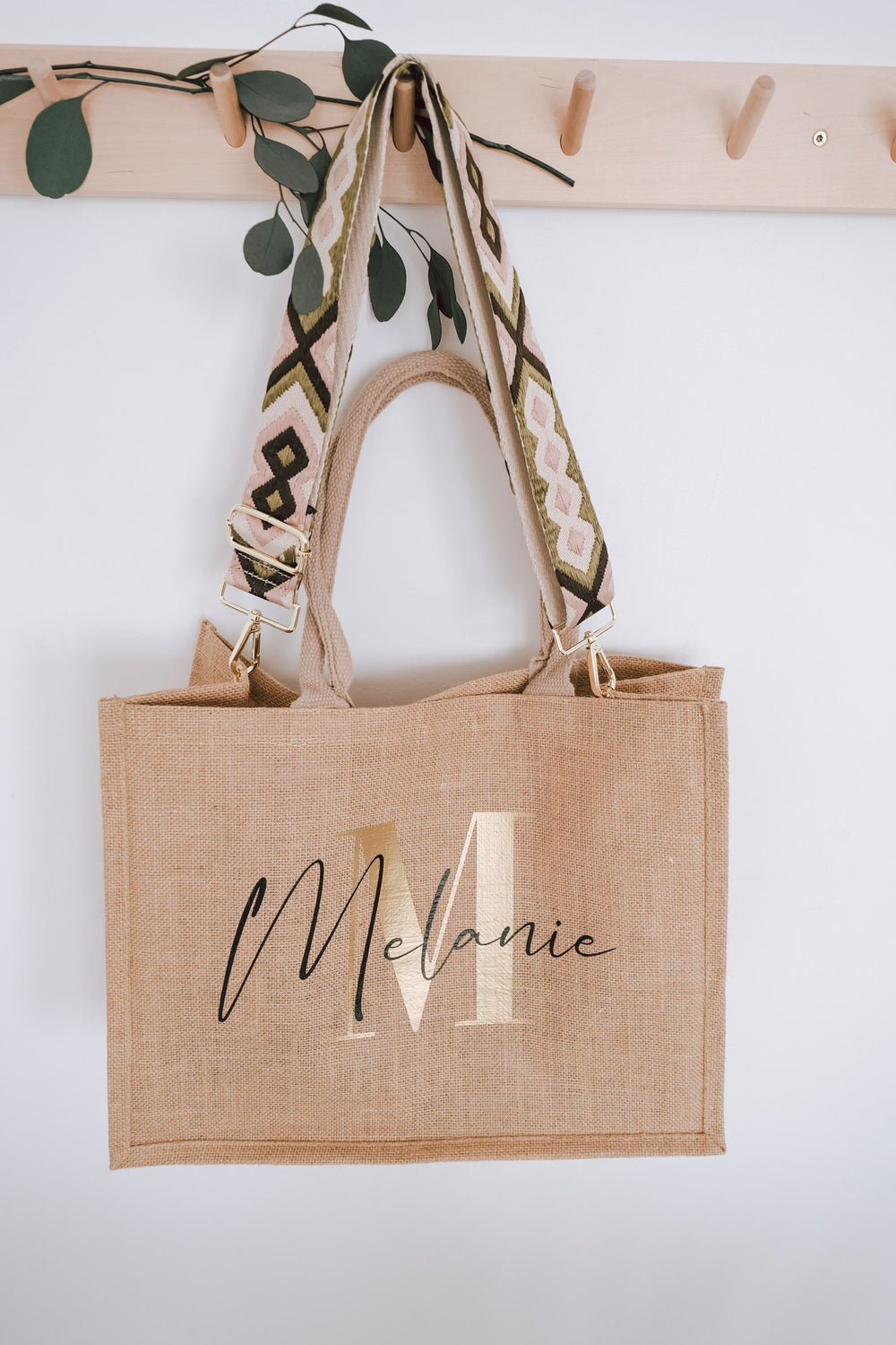 Personalisierte Jutetasche mit buntem Wechselriemen im Ethnologischen Design - JelliesDesign - Jute Bag - Purse Straps