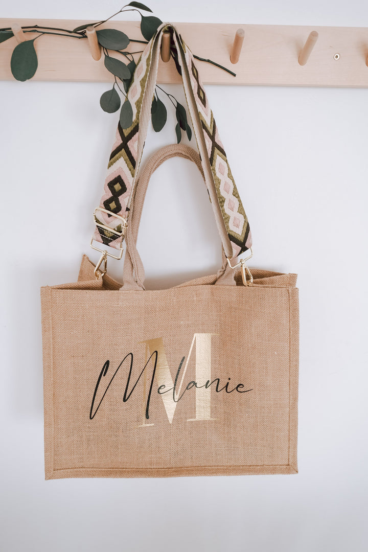 Personalisierte Jutetasche mit buntem Wechselriemen im Ethnologischen Design - JelliesDesign - Jute Bag - Purse Straps