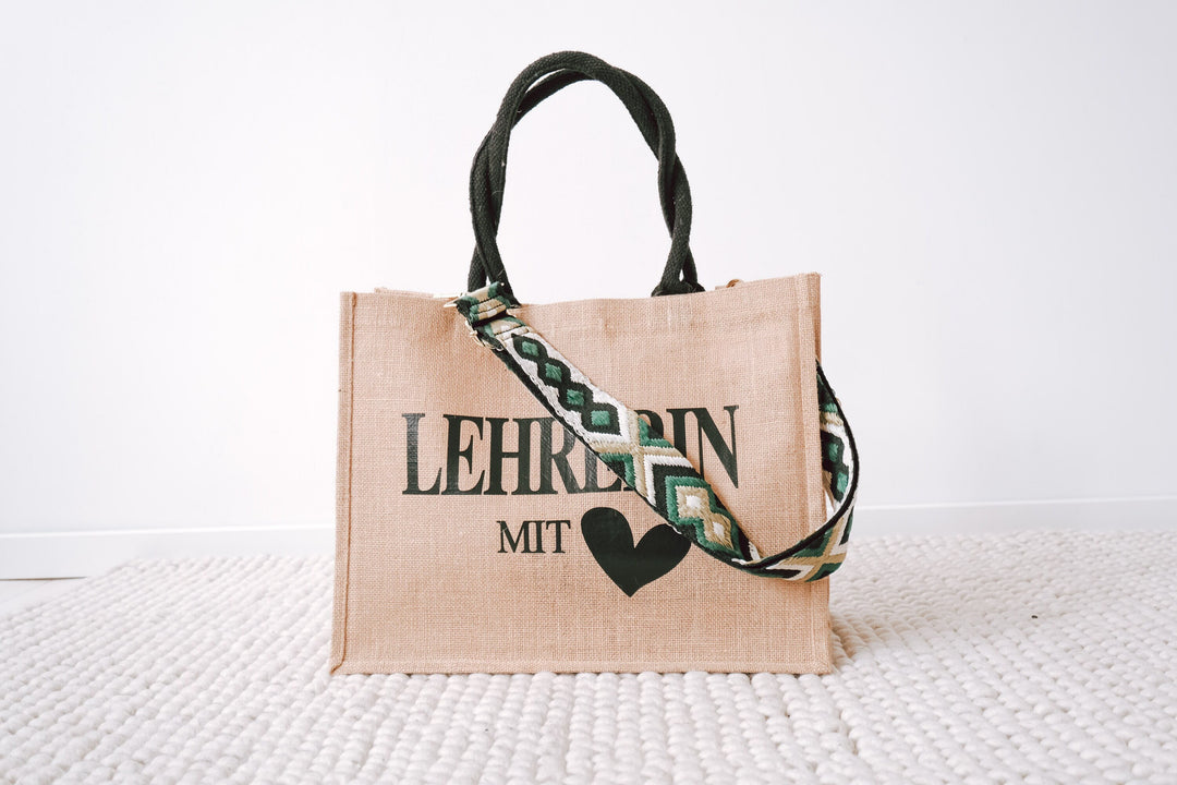 Jutetasche mit besticktem Taschengurt "Ethno Design", personalisierbar - JelliesDesign - Jute Bag - Totes