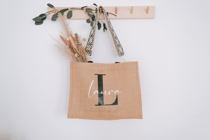 Jutetasche mit besticktem Taschengurt "Ethno Design", personalisierbar - JelliesDesign - Jute Bag - Totes